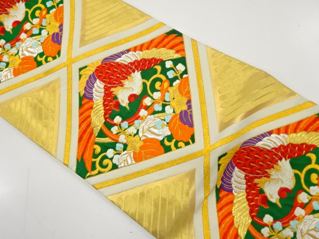 JAPANESE KIMONO / ANTIQUE FUKURO OBI / SILK / WOVEN RHOMBUS & PHOENIX & PAULOWNIA & ARABESQUE